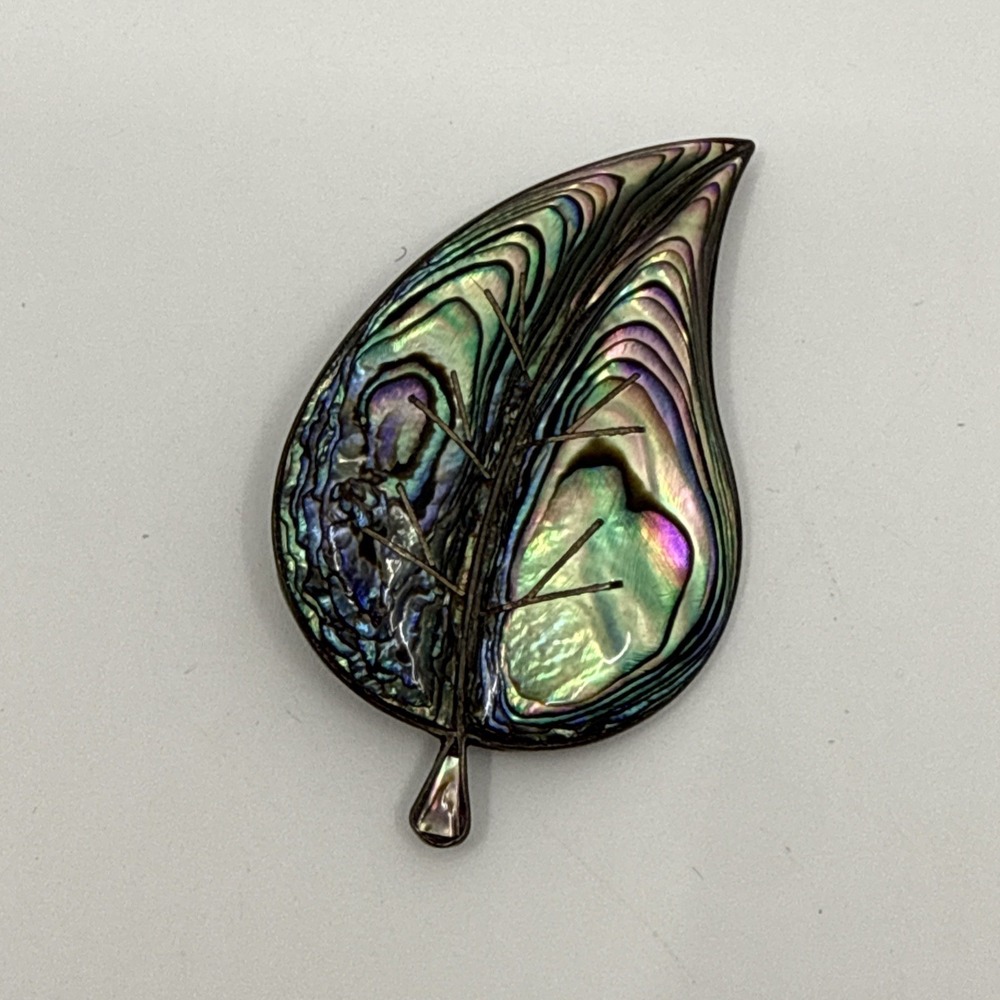 Vintage ASM Mexico Cuernavaca Leaf Abalone Shell Inlay Sterling Silver Brooch - Picture 2 of 6